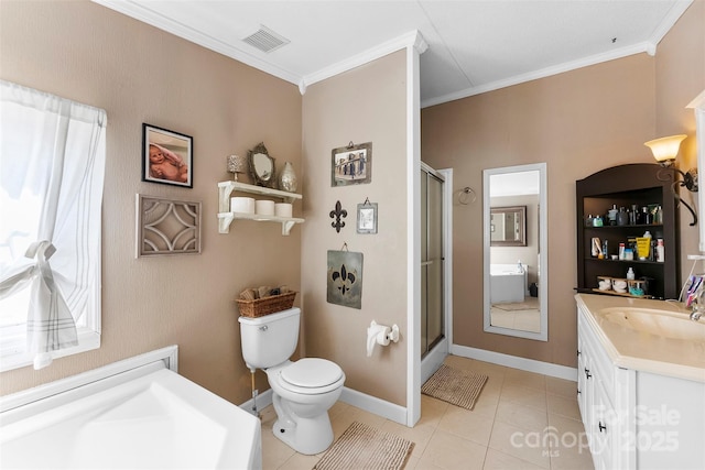 5425 Creek Run Ct, Kings Mountain, NC 28086 - bathroom with vanity, a shower stall, tile patterned flooring, and crown molding