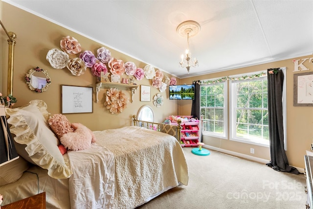 5425 Creek Run Ct, Kings Mountain, NC 28086 - carpeted bedroom featuring a chandelier and crown molding