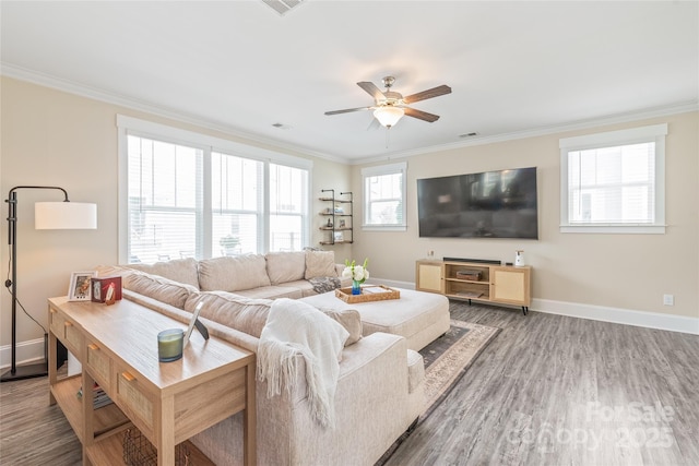 257 Auburn View Rd, Rock Hill, SC 29730 - living room with ornamental molding, a ceiling fan, and wood finished floors