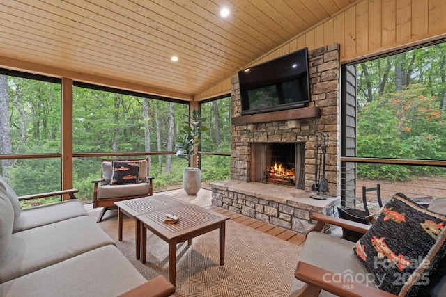 891 Crescent Trl Unit 273, Highlands, NC 28741 - sunroom featuring vaulted ceiling, plenty of natural light, and an outdoor living space with a fireplace