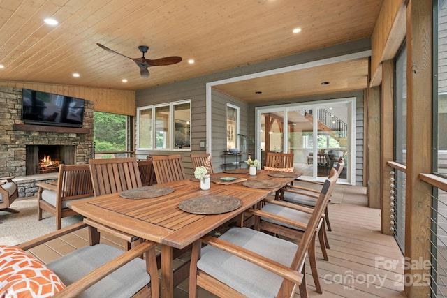 891 Crescent Trl Unit 273, Highlands, NC 28741 - dining area featuring wood ceiling, recessed lighting, ceiling fan, an outdoor stone fireplace, and light wood finished floors