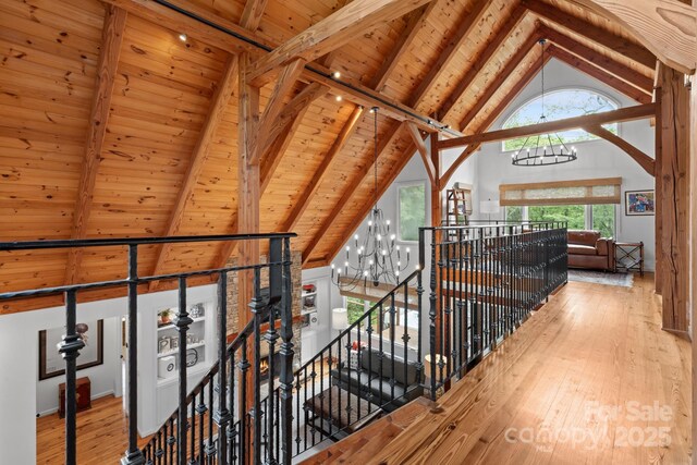 891 Crescent Trl Unit 273, Highlands, NC 28741 - corridor featuring an upstairs landing, a chandelier, a wood ceiling with exposed beams, high vaulted ceiling, and hardwood / wood-style flooring