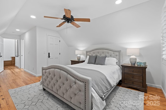 891 Crescent Trl Unit 273, Highlands, NC 28741 - bedroom featuring light wood-style flooring, vaulted ceiling, recessed lighting, and ceiling fan