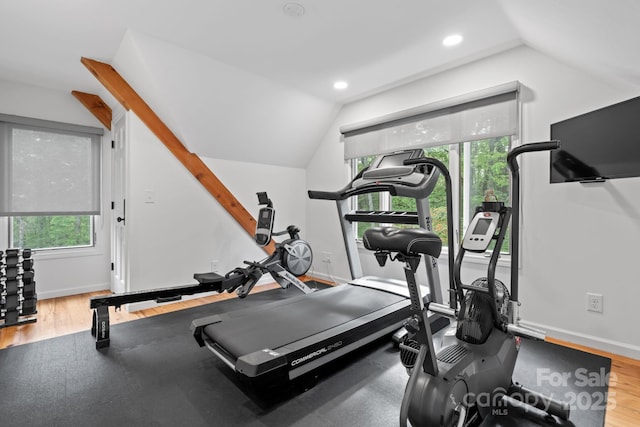891 Crescent Trl Unit 273, Highlands, NC 28741 - exercise area with vaulted ceiling, plenty of natural light, wood finished floors, and recessed lighting
