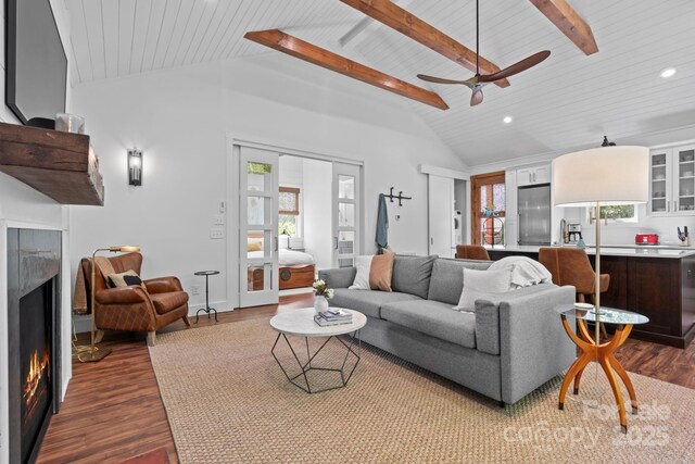 891 Crescent Trl Unit 273, Highlands, NC 28741 - living area with a high end fireplace, dark wood-style floors, recessed lighting, high vaulted ceiling, and a wooden ceiling with exposed beams