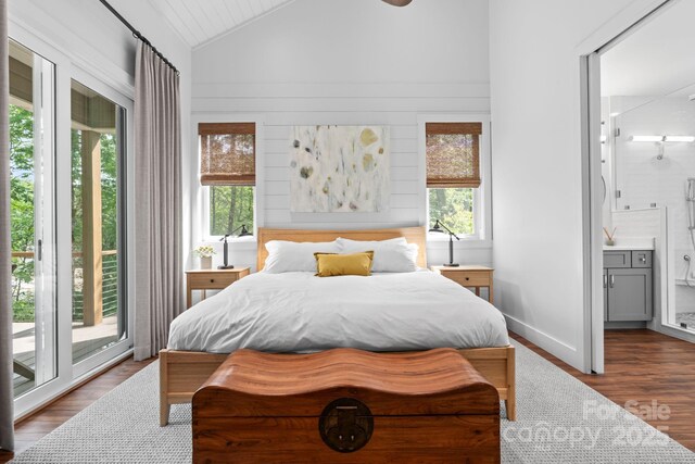 891 Crescent Trl Unit 273, Highlands, NC 28741 - bedroom with lofted ceiling, multiple windows, access to outside, ensuite bath, and wood finished floors