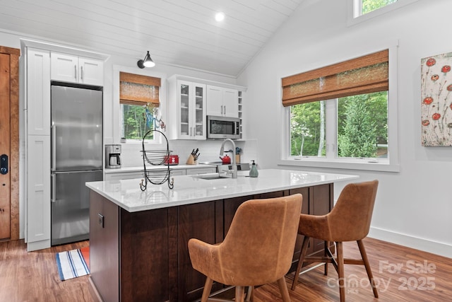 891 Crescent Trl Unit 273, Highlands, NC 28741 - kitchen featuring stainless steel appliances, lofted ceiling, plenty of natural light, light wood-style flooring, and wooden ceiling