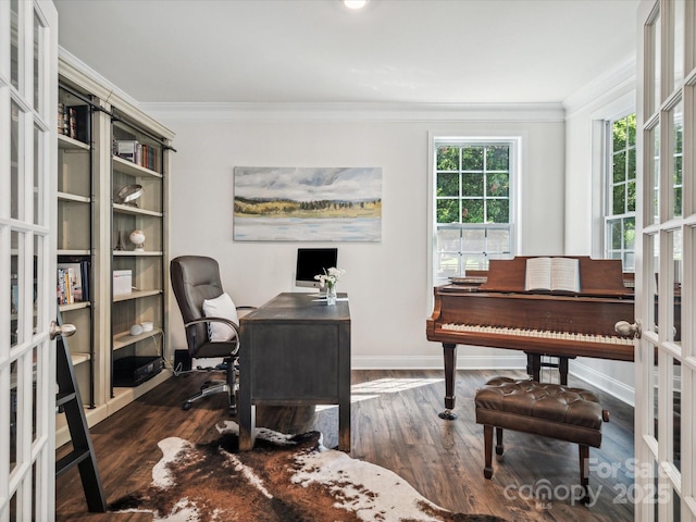 1008 Millbridge Pkwy, Waxhaw, NC 28173 - home office featuring ornamental molding, dark wood-type flooring, and french doors