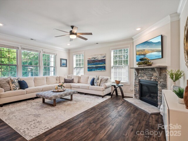 1008 Millbridge Pkwy, Waxhaw, NC 28173 - living room featuring ornamental molding, a ceiling fan, dark wood-style floors, plenty of natural light, and a stone fireplace