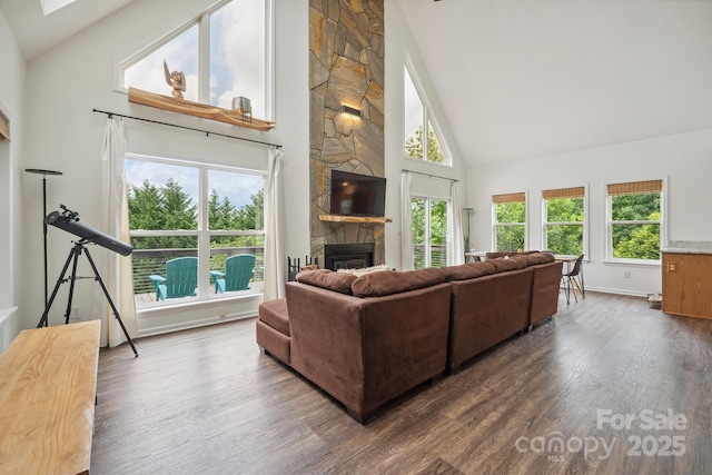 3381 Stones Throw Dr, Valdese, NC 28690 - living area featuring high vaulted ceiling, a stone fireplace, dark wood-type flooring, and plenty of natural light