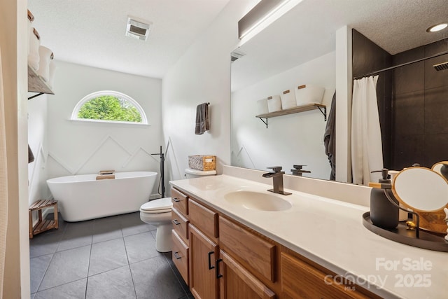 3381 Stones Throw Dr, Valdese, NC 28690 - bathroom featuring vanity, a soaking tub, tile patterned flooring, and a shower with shower curtain