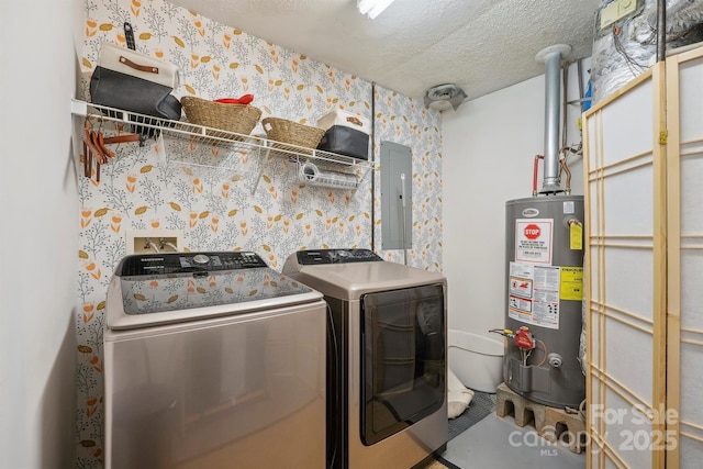 3381 Stones Throw Dr, Valdese, NC 28690 - washroom featuring gas water heater, independent washer and dryer, electric panel, wallpapered walls, and a textured ceiling