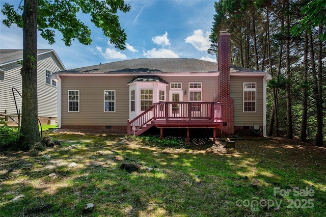 8002 Kingston Dr, Waxhaw, NC 28173 - rear view of house featuring crawl space, a deck, a lawn, a chimney, and stairs