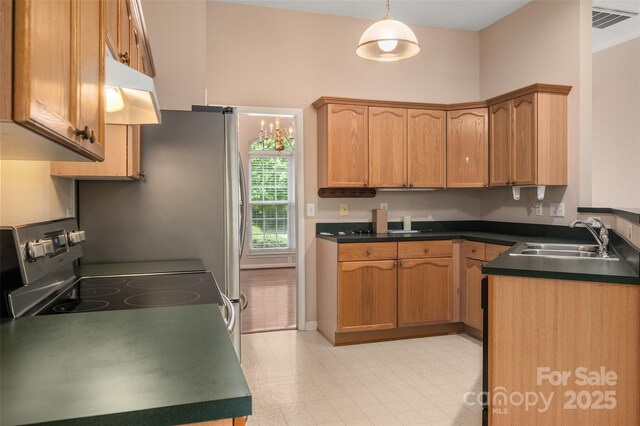 8002 Kingston Dr, Waxhaw, NC 28173 - kitchen with range with electric cooktop, dark countertops, under cabinet range hood, and decorative light fixtures