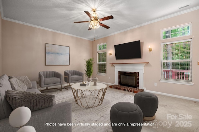 8002 Kingston Dr, Waxhaw, NC 28173 - living room featuring ceiling fan, a fireplace, plenty of natural light, and ornamental molding