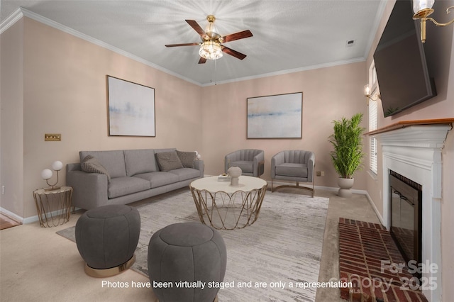 8002 Kingston Dr, Waxhaw, NC 28173 - living area with a ceiling fan, a fireplace with flush hearth, carpet flooring, and ornamental molding