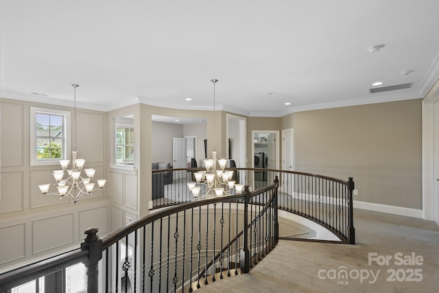 426 Kirkbride Ct, Fort Mill, SC 29715 - corridor featuring an upstairs landing, a chandelier, washer / dryer, recessed lighting, and crown molding