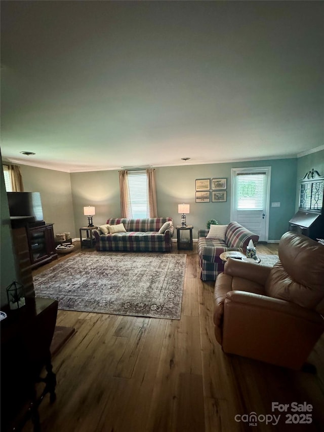 300 Blackmon St S, Bethune, SC 29009 - living room with crown molding and hardwood / wood-style flooring