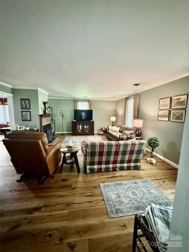 300 Blackmon St S, Bethune, SC 29009 - living room featuring ornamental molding, wood finished floors, and a fireplace