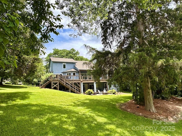 106 Boyter Ct, Cramerton, NC 28032 - rear view of property featuring stairs, a deck, a yard, and a shingled roof