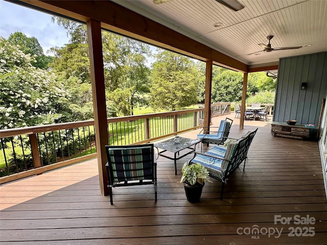 106 Boyter Ct, Cramerton, NC 28032 - wooden deck with ceiling fan, an outdoor living space, and outdoor dining space