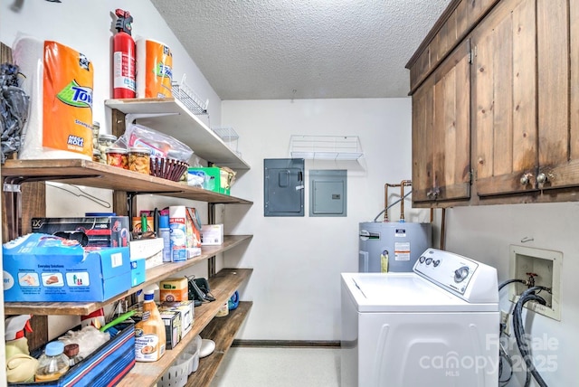 4004 Stillwater Ct, York, SC 29745 - washroom with washer / dryer, electric panel, a textured ceiling, water heater, and cabinet space