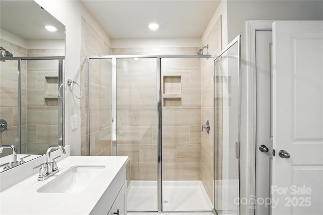 125 Cedar Knoll Cir, Pineville, NC 28134 - full bathroom featuring vanity, a shower stall, and recessed lighting