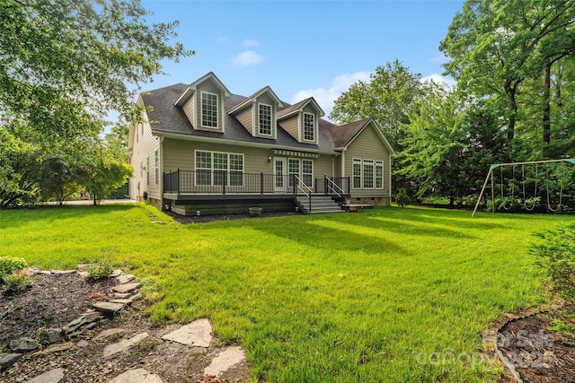 1812 Mill Chase Ln, Waxhaw, NC 28173 - back of property featuring a wooden deck, a lawn, french doors, and a shingled roof