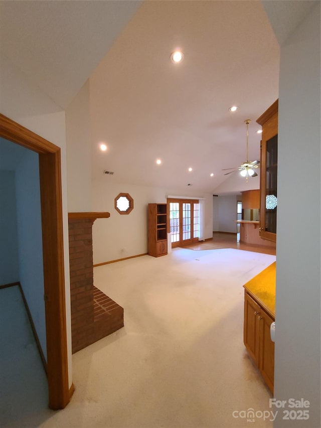 110 Kimberly Ln, Kings Mountain, NC 28086 - unfurnished living room with a ceiling fan, vaulted ceiling, recessed lighting, and light colored carpet