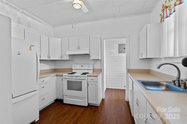 23 Oteen Park Pl, Asheville, NC 28805 - kitchen featuring white appliances, under cabinet range hood, light countertops, and a ceiling fan