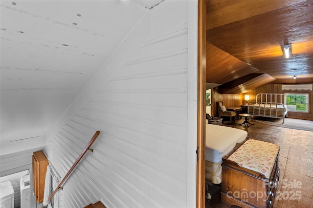 23 Oteen Park Pl, Asheville, NC 28805 - staircase featuring vaulted ceiling and wooden walls