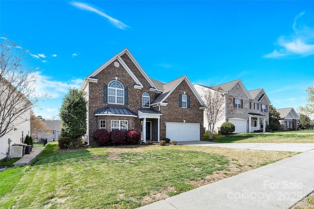 2275 Laurens Dr, Concord, NC 28027 - traditional home with an attached garage, driveway, a front lawn, a standing seam roof, and brick siding