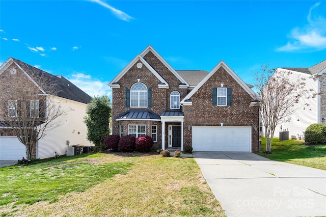 2275 Laurens Dr, Concord, NC 28027 - traditional-style home with driveway, a front lawn, brick siding, and an attached garage