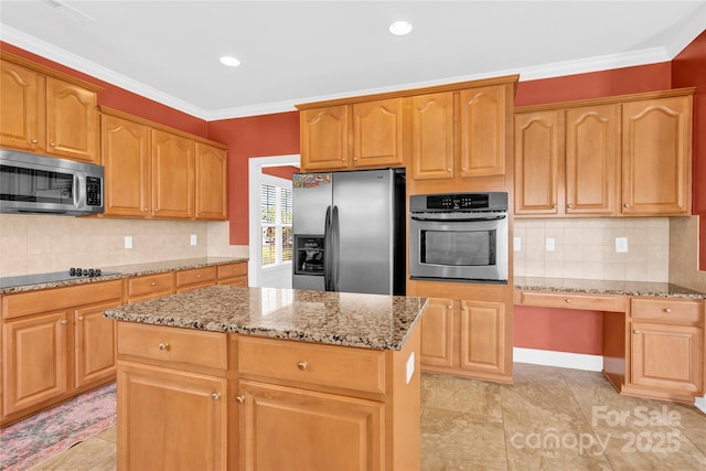 2275 Laurens Dr, Concord, NC 28027 - kitchen featuring appliances with stainless steel finishes, light stone counters, a center island, ornamental molding, and decorative backsplash