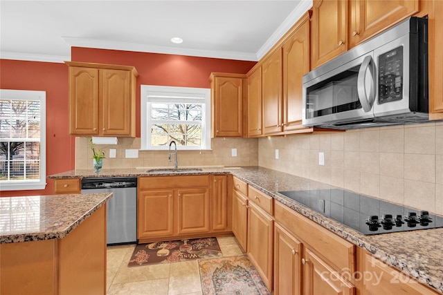 2275 Laurens Dr, Concord, NC 28027 - kitchen featuring stainless steel appliances, light stone counters, tasteful backsplash, and crown molding
