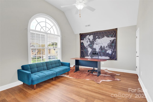 2275 Laurens Dr, Concord, NC 28027 - office featuring healthy amount of natural light, vaulted ceiling, wood finished floors, and ceiling fan