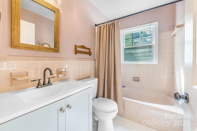 99 Little Oak St, Canton, NC 28716 - bathroom featuring tile walls, shower / bath combo, vanity, tile patterned floors, and wainscoting