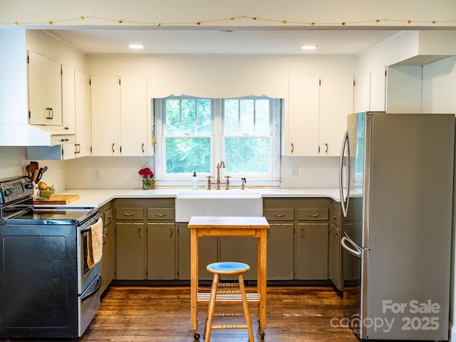 99 Little Oak St, Canton, NC 28716 - kitchen featuring freestanding refrigerator, electric range, dark wood-style flooring, recessed lighting, and gray cabinetry