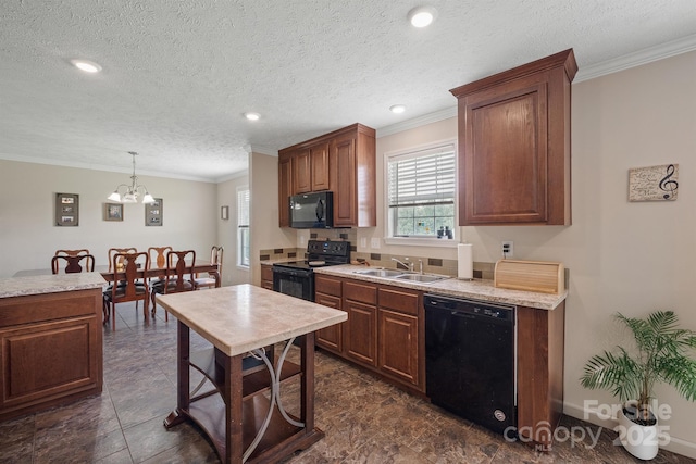 308 Laurel Ridge Dr, Lincolnton, NC 28092 - kitchen featuring black appliances, a chandelier, ornamental molding, light countertops, and decorative light fixtures