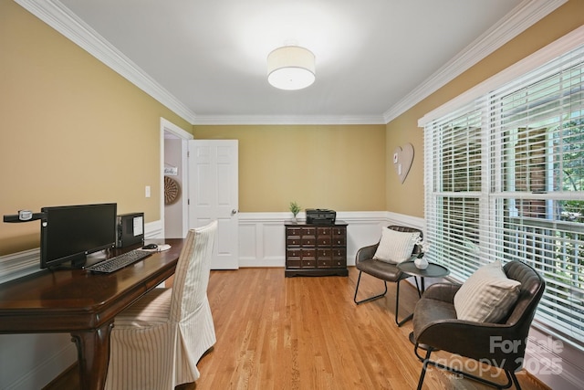 4824 Waxhaw Farms Rd, Waxhaw, NC 28173 - office area featuring crown molding, wood finished floors, and a wainscoted wall