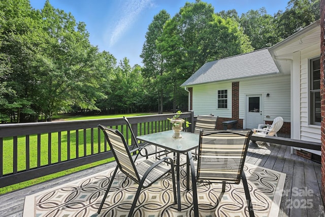 4824 Waxhaw Farms Rd, Waxhaw, NC 28173 - wooden terrace with outdoor dining area, a yard, and view of scattered trees