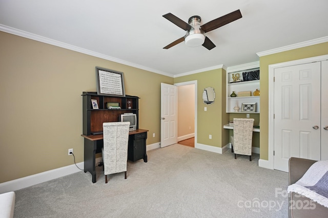 4824 Waxhaw Farms Rd, Waxhaw, NC 28173 - office space with ornamental molding, a ceiling fan, and light colored carpet