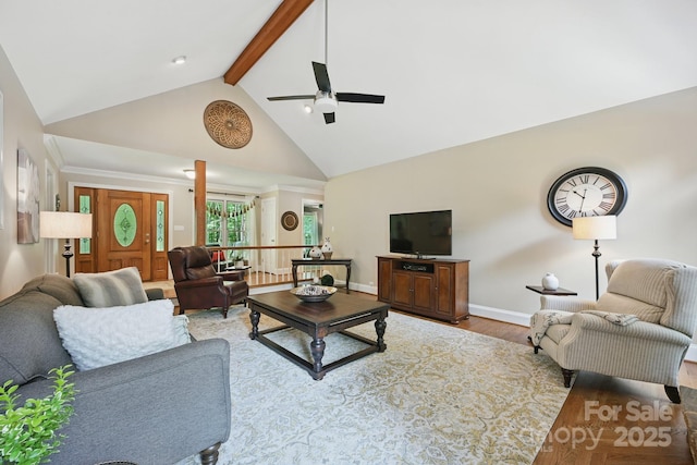 4824 Waxhaw Farms Rd, Waxhaw, NC 28173 - living area featuring wood finished floors, beam ceiling, a ceiling fan, and high vaulted ceiling