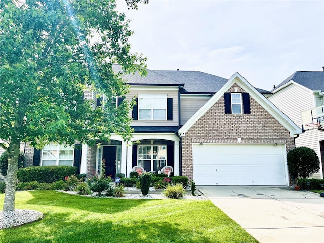 9792 Ravenscroft Ln NW, Concord, NC 28027 - traditional-style house with brick siding, driveway, a front yard, a garage, and a shingled roof