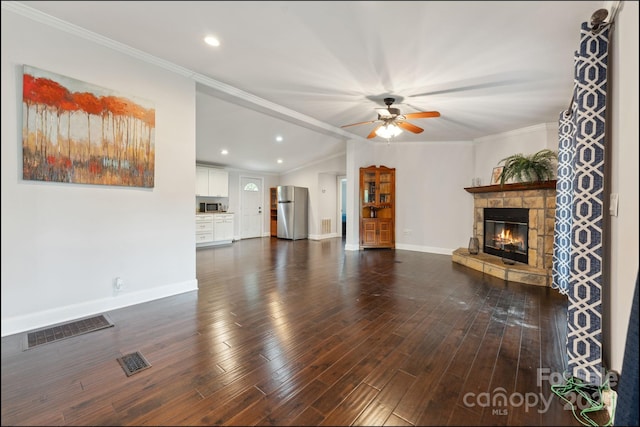 152 Lantana Dr, Sylva, NC 28779 - unfurnished living room with a ceiling fan, a fireplace, crown molding, dark wood-style floors, and recessed lighting