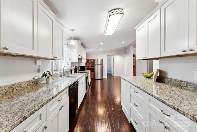 152 Lantana Dr, Sylva, NC 28779 - kitchen with stainless steel appliances, dark wood finished floors, white cabinetry, light stone counters, and recessed lighting