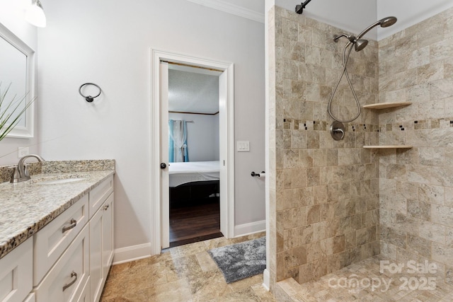 152 Lantana Dr, Sylva, NC 28779 - ensuite bathroom with ornamental molding, a tile shower, and vanity