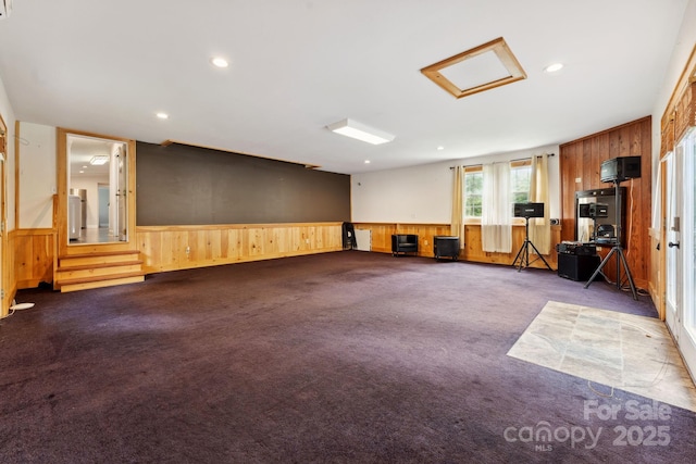 152 Lantana Dr, Sylva, NC 28779 - miscellaneous room with wainscoting, dark carpet, wooden walls, and recessed lighting