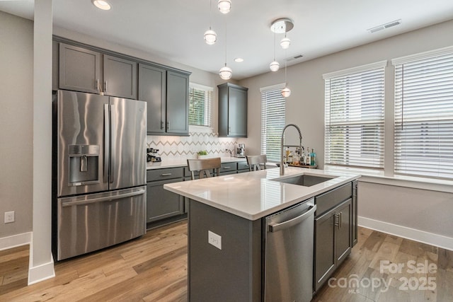 2969 Simpson Dr, Charlotte, NC 28205 - kitchen with stainless steel appliances, light countertops, recessed lighting, backsplash, and hanging light fixtures