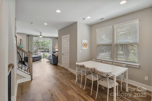 2969 Simpson Dr, Charlotte, NC 28205 - dining space featuring wood finished floors, recessed lighting, and a ceiling fan
